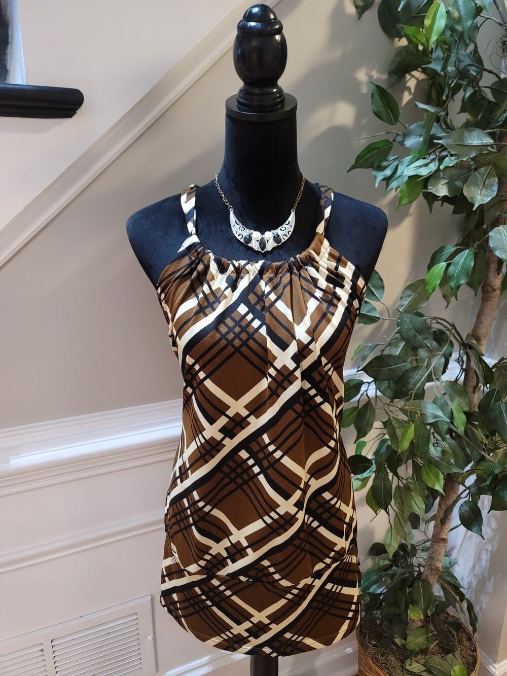 R. Marks Blouse Top Womens Large Brown Plaid Halter Neck Racerback Pleated Front